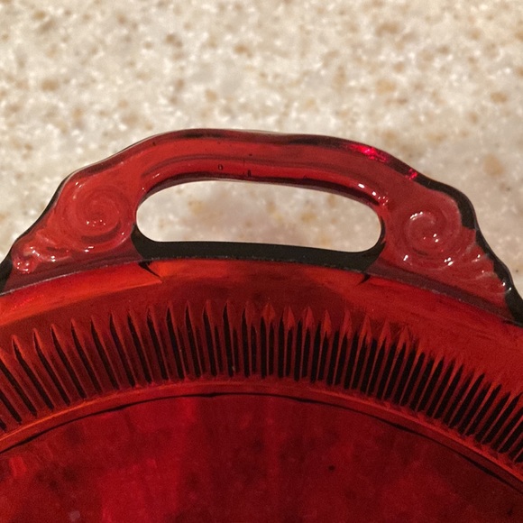 Red Glass Depression Bowl with handles 8”Round x 3” Tall - Picture 6 of 6